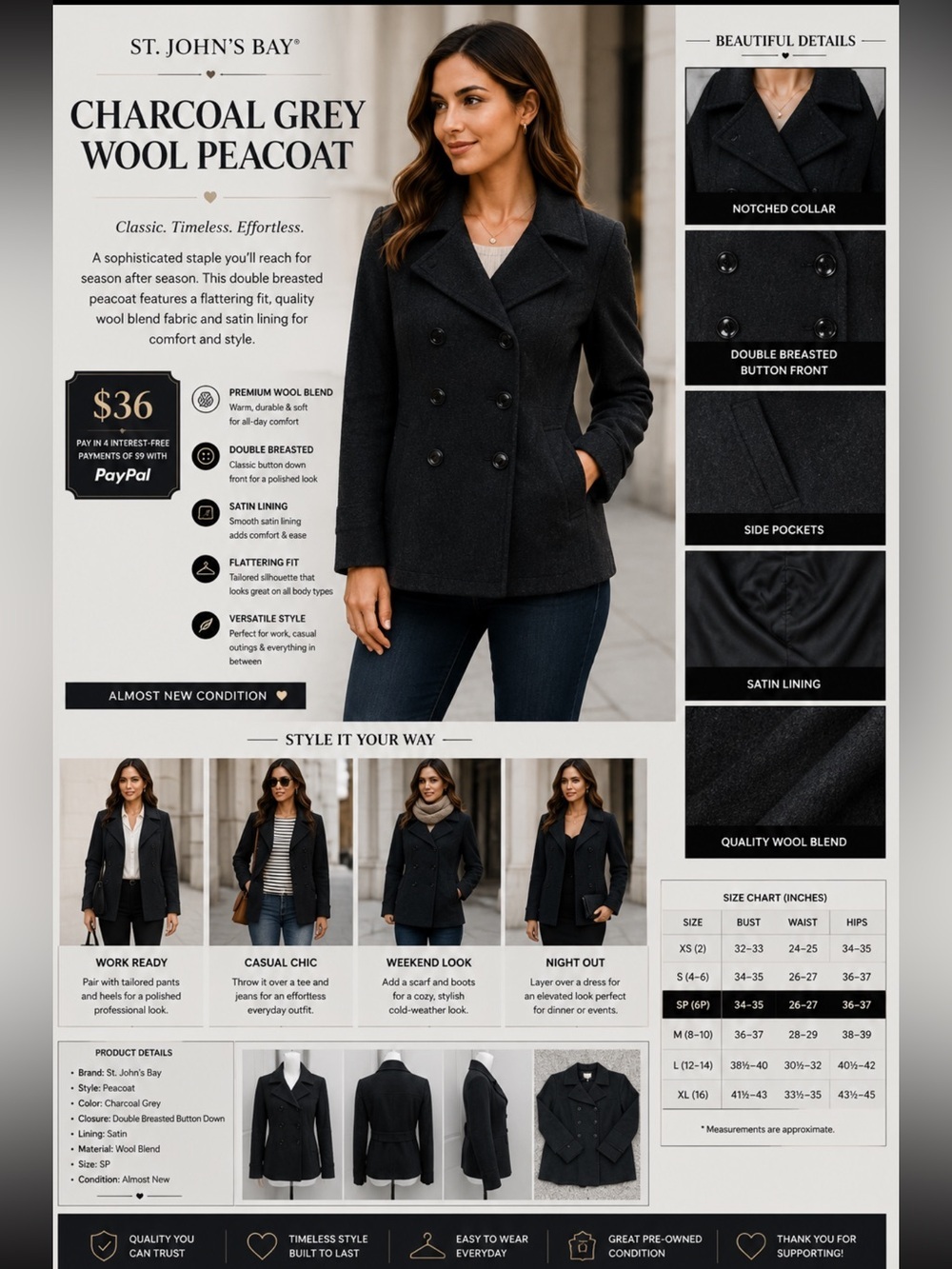 ST. JOHN'S BAY CHARCOAL GREY WOOL COAT BUTTONS almost new size SP